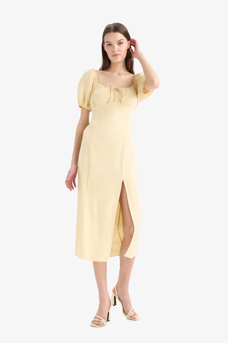DeFacto Yellow Woman A Cut V Neck Linen Blend Short Sleeve Midi Dress Casual - Image 3